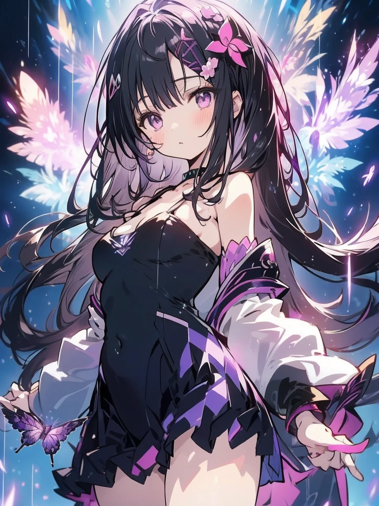 anime girl standing, black background, (1girl), long purple hair, purple eyes, purple flower hairpin, small breasts, no sleeves purple dress, purple butterflie, beautiful anime artwork, ultrasharp, masterpiece, high res, 8k