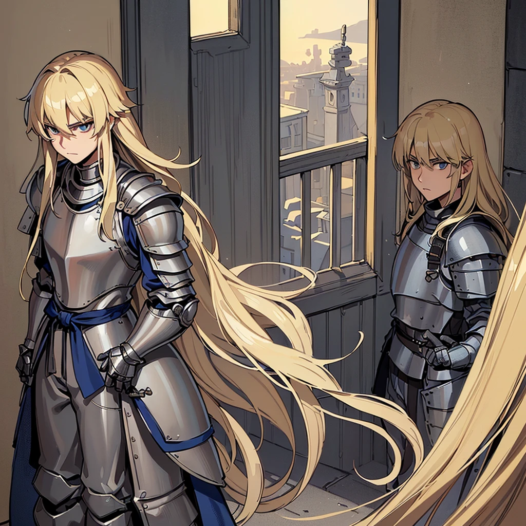 ((((Solo))))、Highest quality, Best Quality, Best illustrations, (((Grey Armor)))、(((Blond long hair man、Long-haired man、male、24-years-old、Cool guy)))、(Medieval Knight)、(Navy blue trousers)、(get annoyed)、(Living in the desert)、front、(face shot)