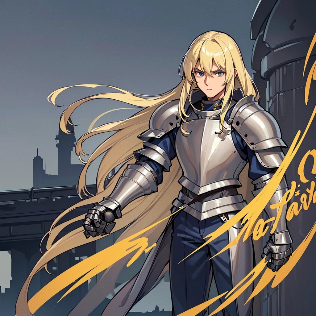 ((((Solo))))、Highest quality, Best Quality, Best illustrations, (((Grey Armor)))、(((Blond long hair man、Long-haired man、male、24-years-old、Cool guy)))、(Medieval Knight)、(Navy blue trousers)、(get annoyed)、(Living in the desert)、front、(face shot)