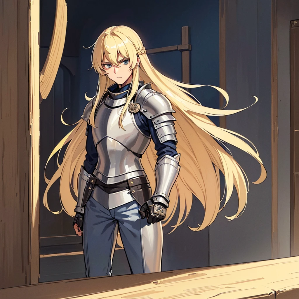 ((((Solo))))、Highest quality, Best Quality, Best illustrations, (((Grey Armor)))、(((Blond long hair man、Long-haired man、male、24-years-old、Cool guy)))、(Medieval Knight)、(Navy blue trousers)、(get annoyed)、(Living in the desert)、front、(face shot)