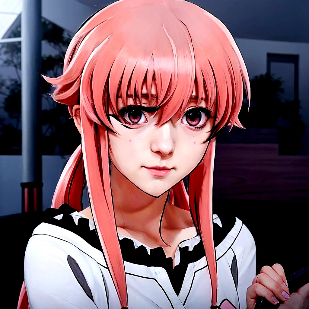 anime girl with pink hair and black and white shirt holding a cell phone, anime visual of a young woman, gasai yuno, gasai yuno, female anime character, anime visual of a cute girl, cel shaded anime, anime character, anime girl named gasai yuno, gapmoe yandere, gasai yuno, as an anime character