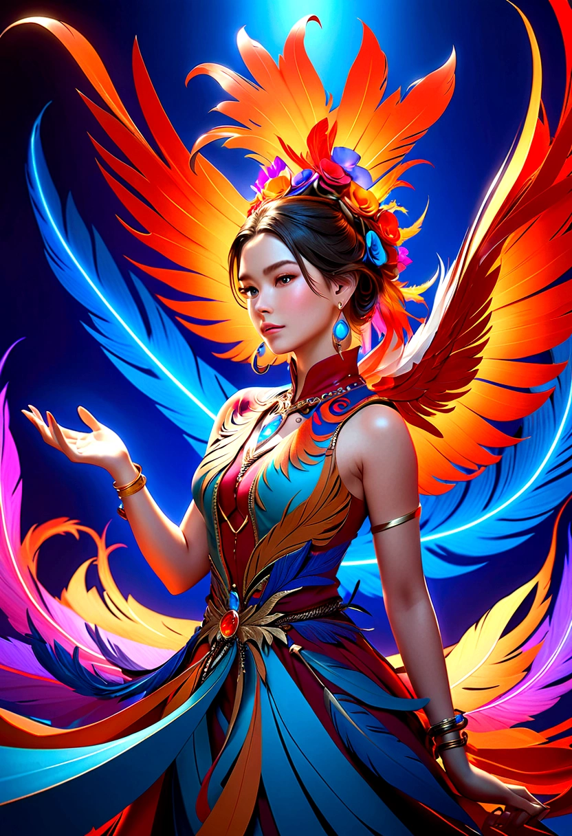 (masterpiece, Top quality, best quality, Official Art, beautiful and aesthetic:1.2), (1 Girl:1.3), Extremely detailed,(Fractal Art:1.1),(rich and colorful:1.1)(Flowers:1.3),The most detailed,(tangled:1.2), (Dynamic poses), (Blue Background:1.3), (Glowing skin), (Many colors:1.4), ,(earrings), (feather:1.5) , Red background,Phoenix Clothes,