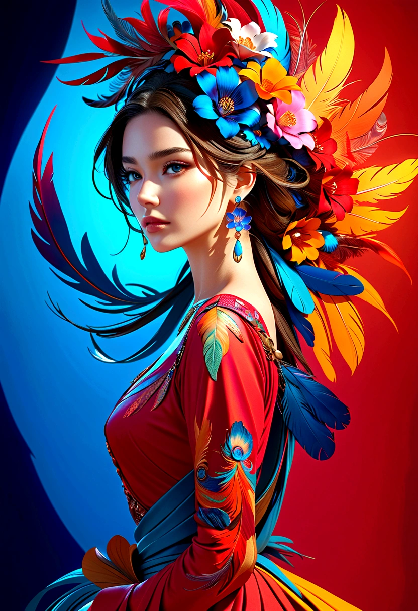 (masterpiece, Top quality, best quality, Official Art, beautiful and aesthetic:1.2), (1 Girl:1.3), Extremely detailed,(Fractal Art:1.1),(rich and colorful:1.1)(Flowers:1.3),The most detailed,(tangled:1.2), (Dynamic poses), (Blue Background:1.3), (Glowing skin), (Many colors:1.4), ,(earrings), (feather:1.5) , Red background,Phoenix Clothes,