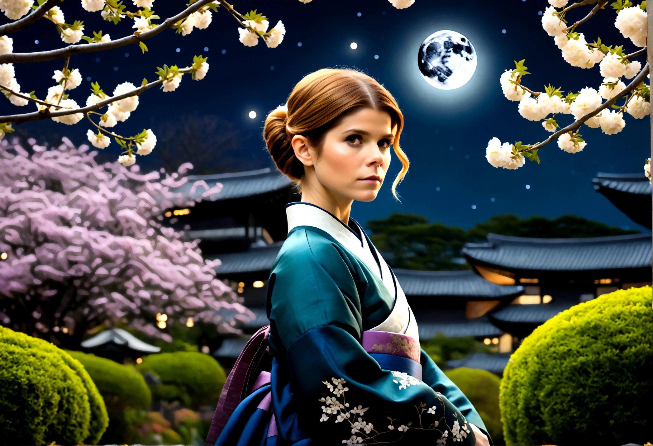 best quality, high_resolution, distinct_image, detailed background ,girl (Kate Mara, age 25), hanbok,flower,garden,moon, night,dutch angle, wide shot, crown,  