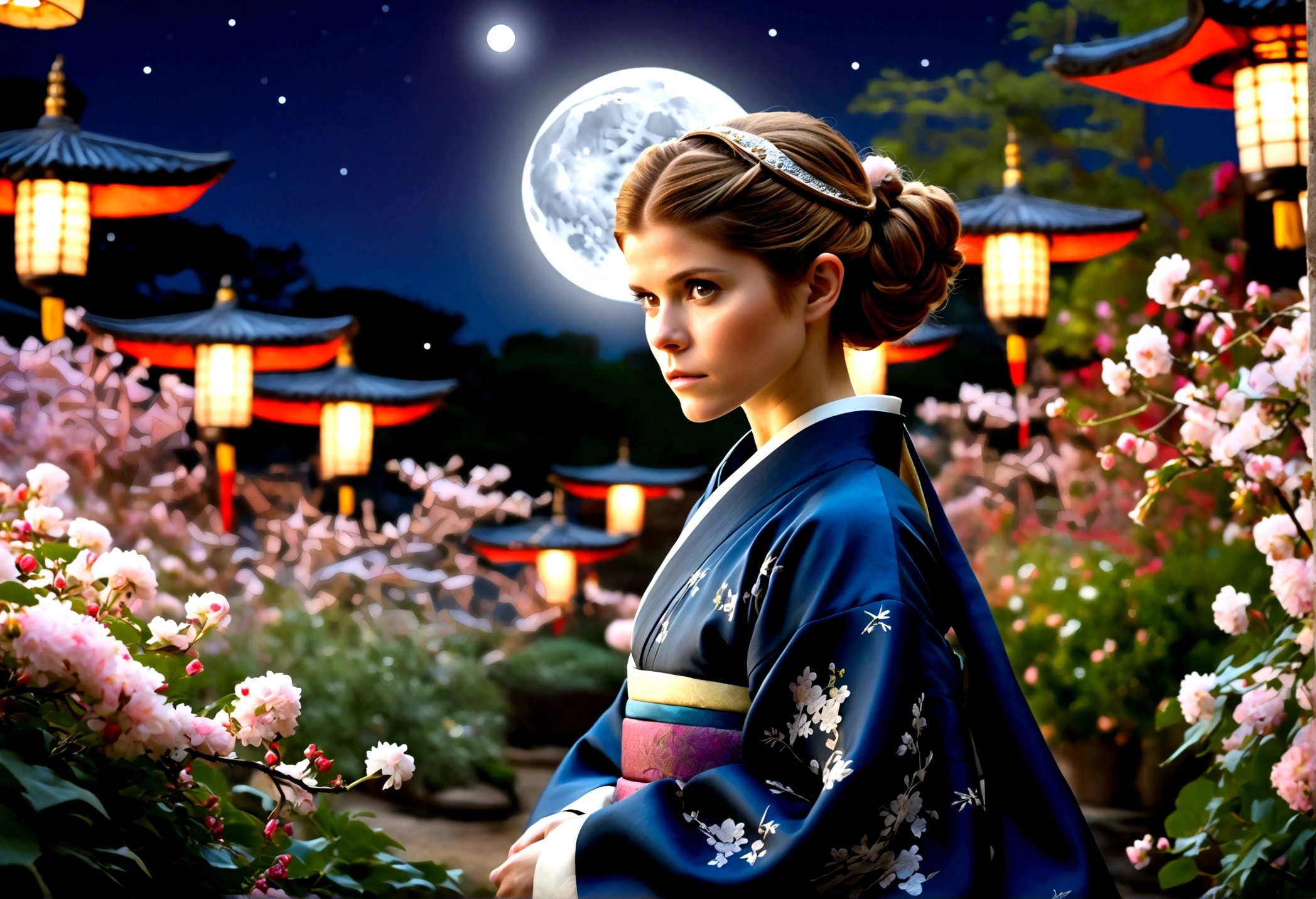 best quality, high_resolution, distinct_image, detailed background ,girl (Kate Mara, age 25), hanbok,flower,garden,moon, night,dutch angle, wide shot, crown,