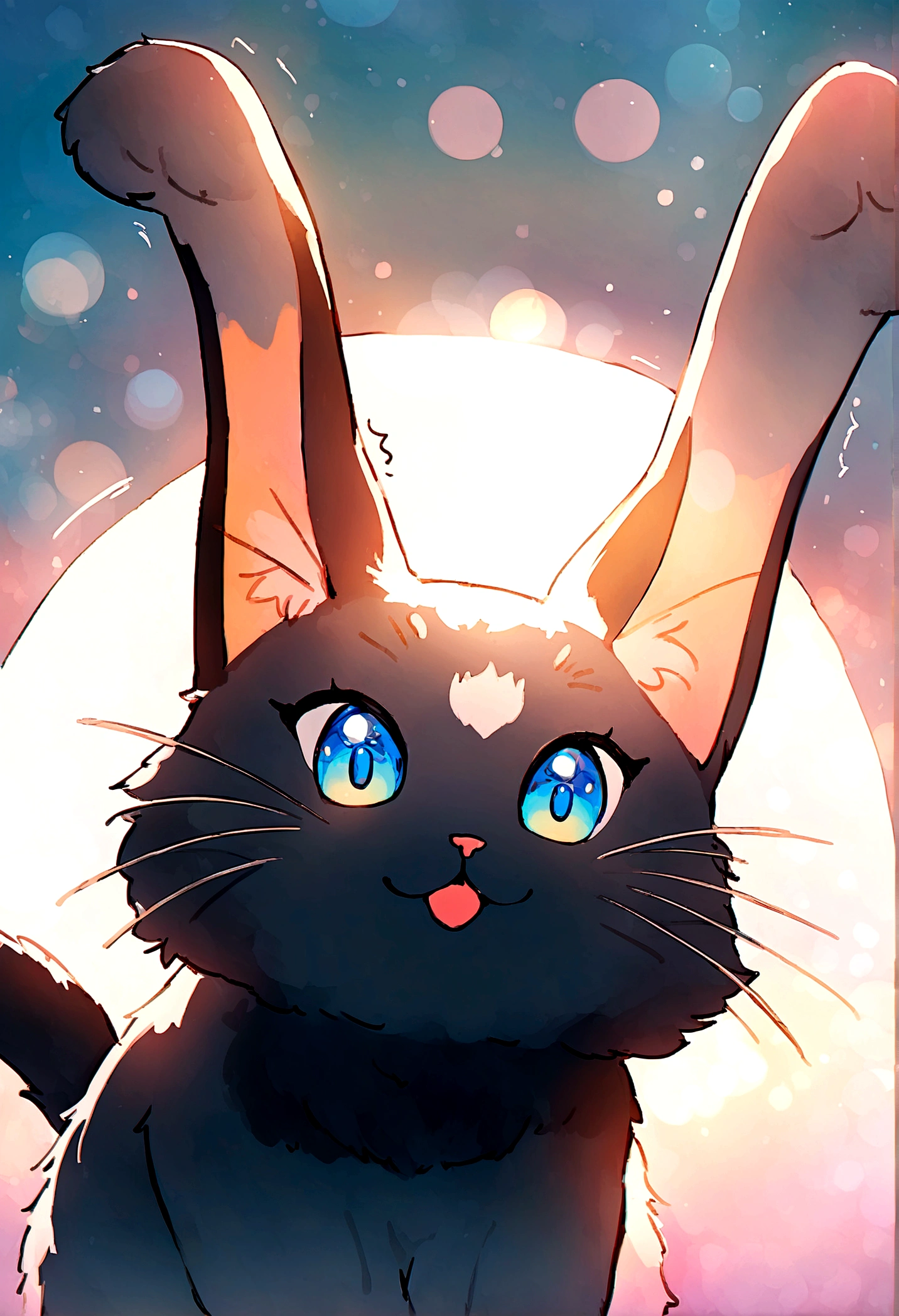 Fluffy cat,Playful,Curious,Bright Blue Eyes,Soft black fur,Whiskers twitching,Stretching in the sun,Cat grace and elegance,(Highest quality,8K,High resolution),Vibrant colors,Active and energetic,Artistic illustrations and watercolors,dream-like、Whimsical,Subtle pastel colors,Soft lighting,Bokeh, beautiful