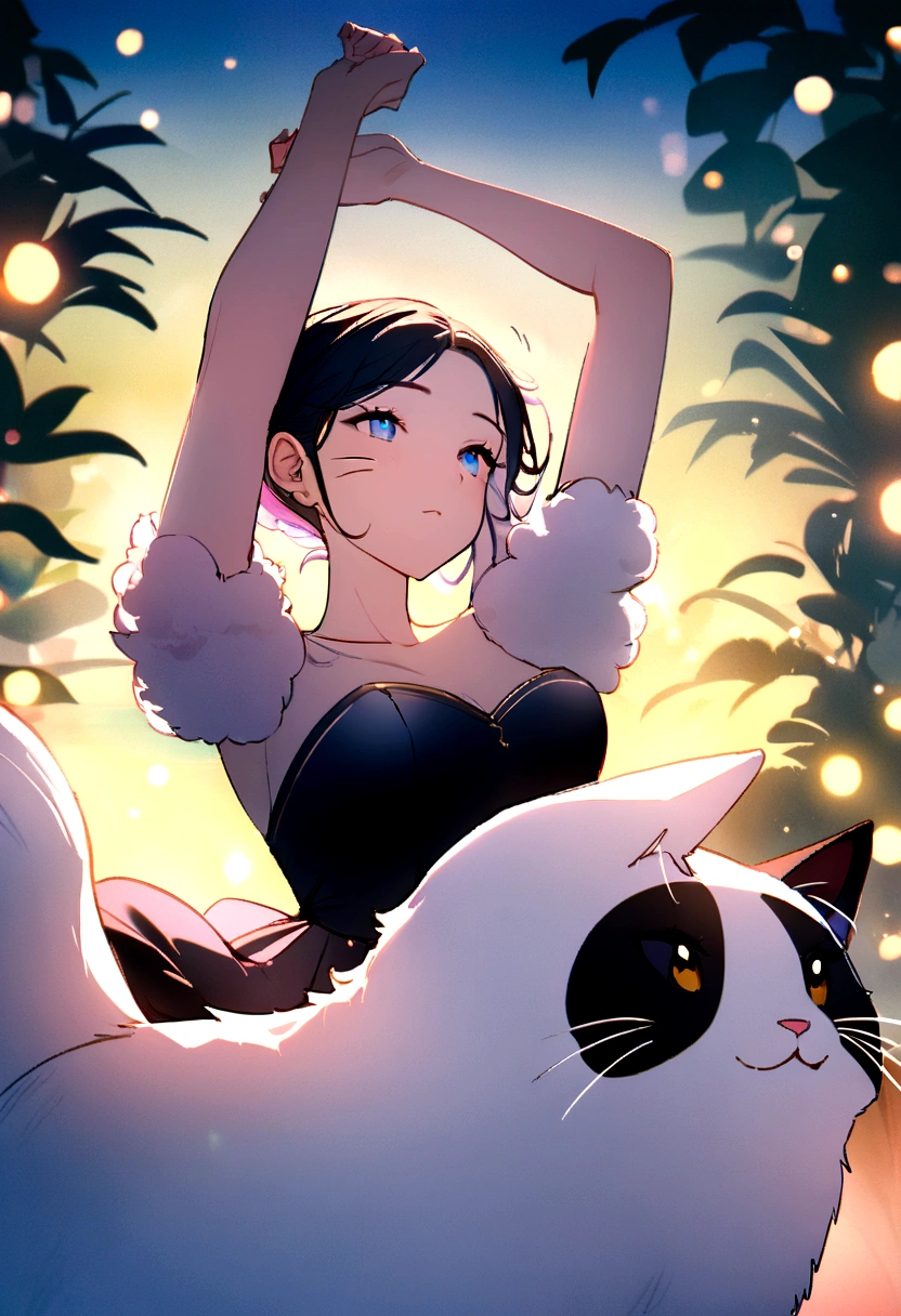 Fluffy cat,Playful,Curious,Bright Blue Eyes,Soft black fur,Whiskers twitching,Stretching in the sun,Cat grace and elegance,(Highest quality,8K,High resolution),Vibrant colors,Active and energetic,Artistic illustrations and watercolors,dream-like、Whimsical,Subtle pastel colors,Soft lighting,Bokeh, beautiful