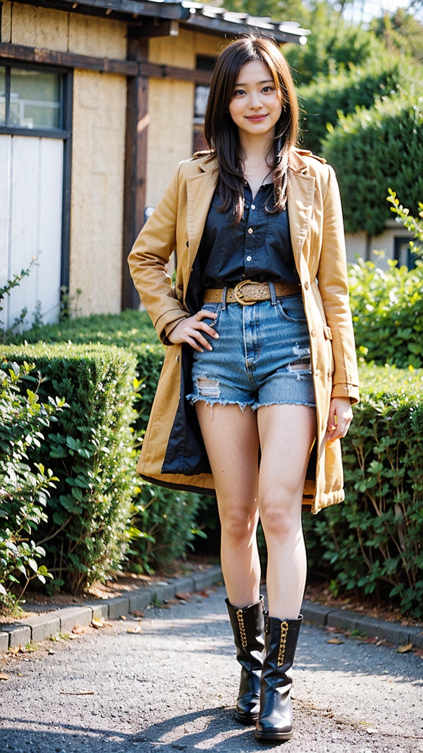 (8K、RAW Photos、Highest quality、masterpiece:1.2)、(Realistic、Realistic)、1 Girl、((Yellow long coat、Black shorts、smile、Thin legs、whole body、boots、one piece、garden、View from the front、Looking into the camera、belt、Stand with hands on hips))、cute