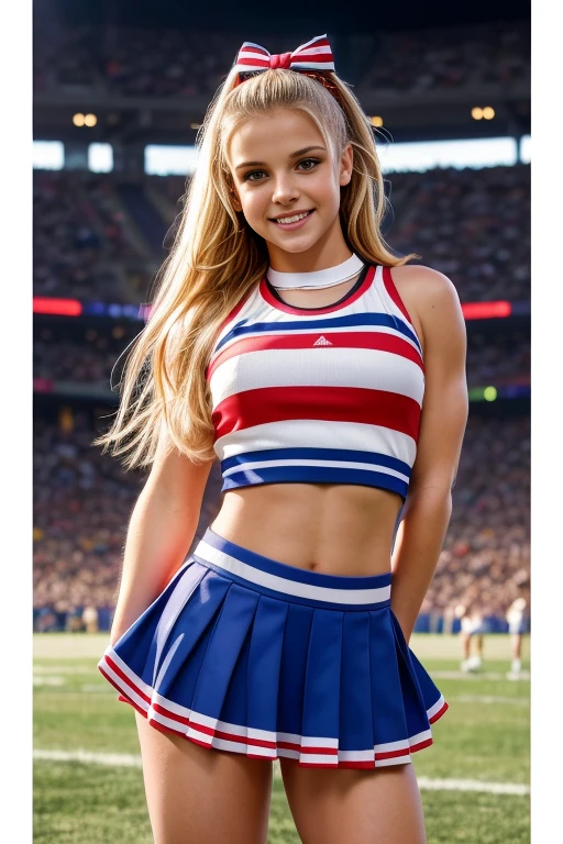 A beautiful  girl in a tiny cheerleader uniform, (8k, raw photo, Superior quality, Masterpiece: 1.2), Masterpiece, Super details, Ultra-high resolution power A, (realistic and realistic photo: 1.37), High definition RAW color photography, very delicate and beautiful., Britney Spears wearing American football jersey smiling, whole body, with an American football, it&#39;s night,