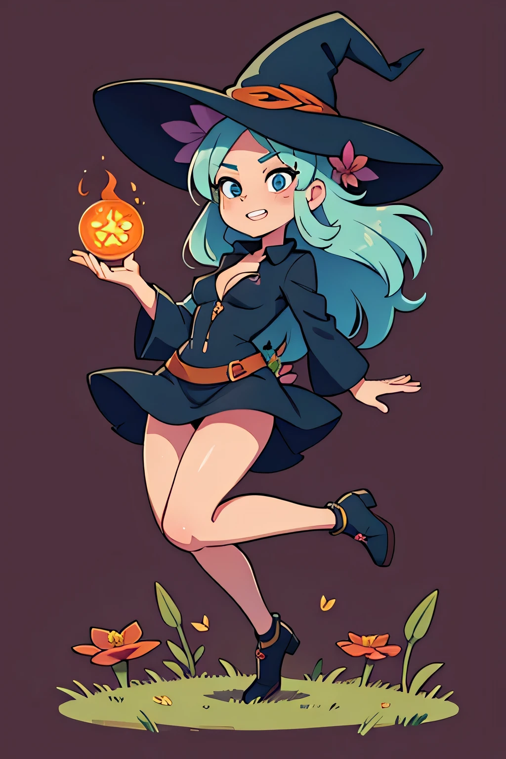 plant based witch, hot witch, full body, jumping, flower in hand.