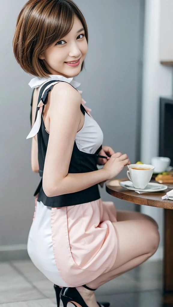 A bunny girl in a light pink maid outfit working at a maid cafe:1.5，The best smile:1.5，Full Body Shot:1.5，Gray background:1.5，Wearing black high heels:1.5，Brown hair, short cut, side wavy:1.5，Squat:1.5