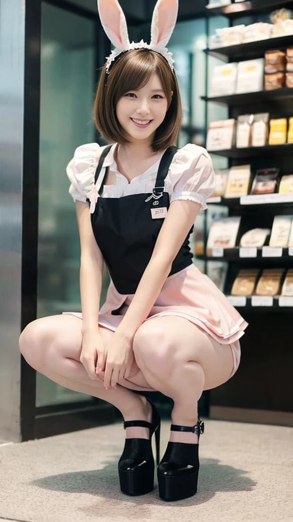 A bunny girl in a light pink maid outfit working at a maid cafe:1.5,The best smile:1.5,Full Body Shot:1.5,Gray background:1.5,Wearing black high heels:1.5,Brown hair, short cut, side wavy:1.5,Squat:1.5
