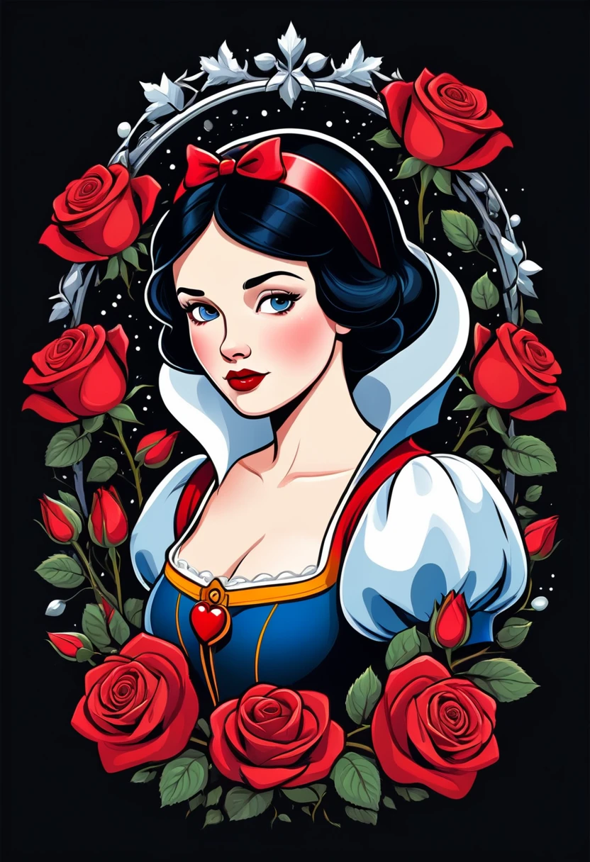 Snow white and red roses advertising poster style, t shirt design, flat-colors, vector, ((black backdrop)) . proffesional, moderno, Product focus, Commercial, appealing, highy detailed