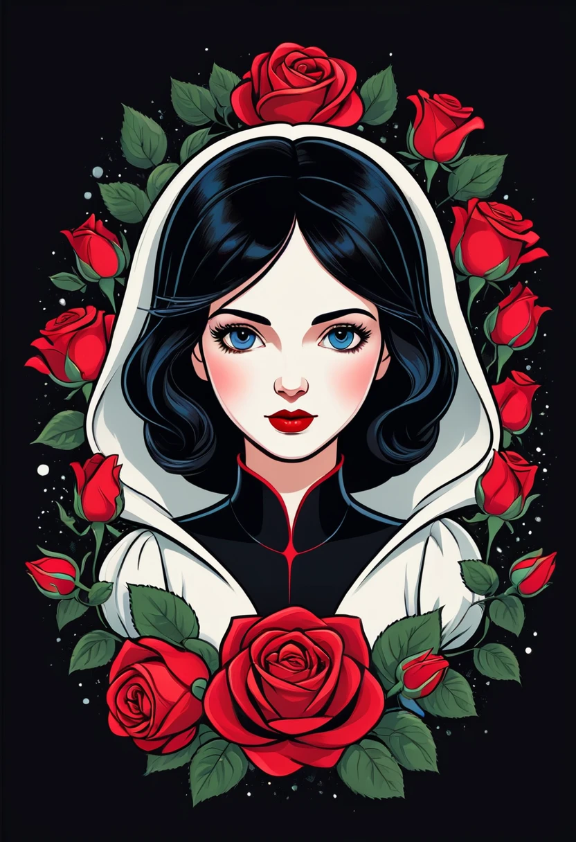 Snow white and red roses advertising poster style, t shirt design, flat-colors, vector,  ((black backdrop)) . proffesional, moderno, Product focus, Commercial, appealing, highy detailed