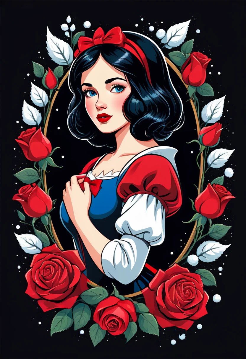 Snow white and red roses advertising poster style, t shirt design, flat-colors, vector, ((black backdrop)) . proffesional, moderno, Product focus, Commercial, appealing, highy detailed