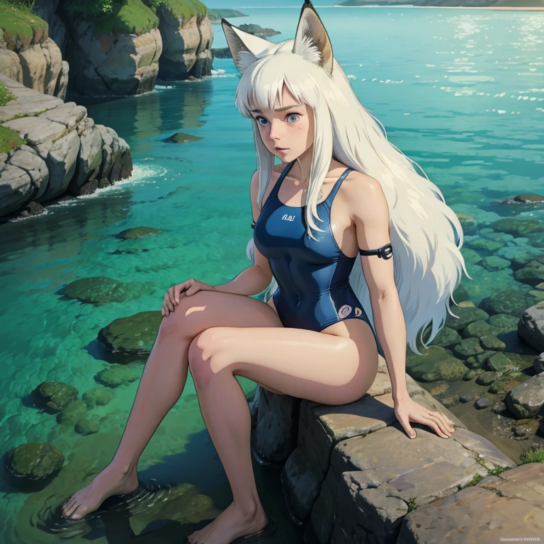 (best quality,4k,8k,highres,masterpiece:1.2), ultra-detailed, realistic:1.37, young solo girl, detailed blue eyes, fox ears,fox tail, freckles, cute, white hair, long wavy hair, portrait, vibrant colors, soft lighting, on the beach, wearing a swimsuit