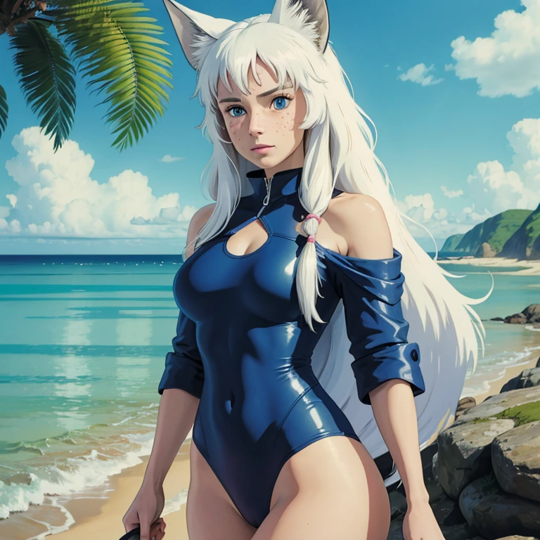 (best quality,4k,8k,highres,masterpiece:1.2), ultra-detailed, realistic:1.37, young solo girl, detailed blue eyes, fox ears,fox tail, freckles, cute, white hair, long wavy hair, portrait, vibrant colors, soft lighting, on the beach, wearing a swimsuit 
