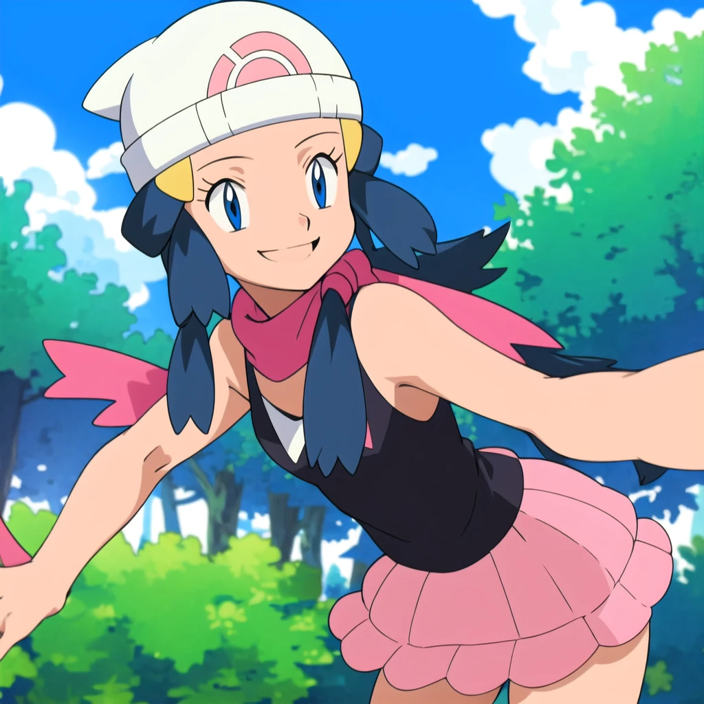 masterpiece, best quality, highres, 1girl, solo, dawn (pokemon), pink scarf, black shirt, pink skirt, hat, outdoors, bare shoulders,smile