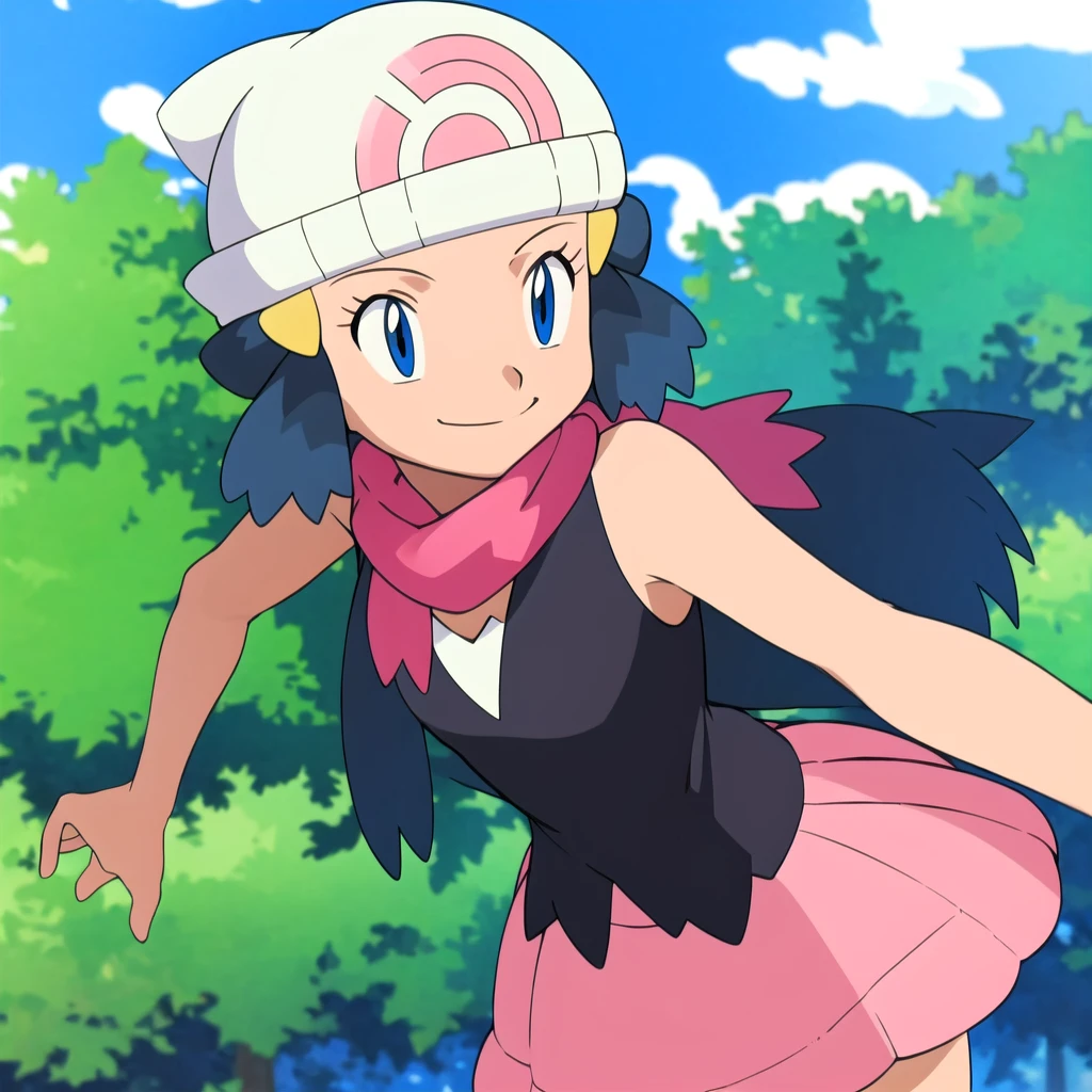 masterpiece, best quality, highres, 1girl, solo, dawn (pokemon), pink scarf, black shirt, pink skirt, hat, outdoors, bare shoulders,smile