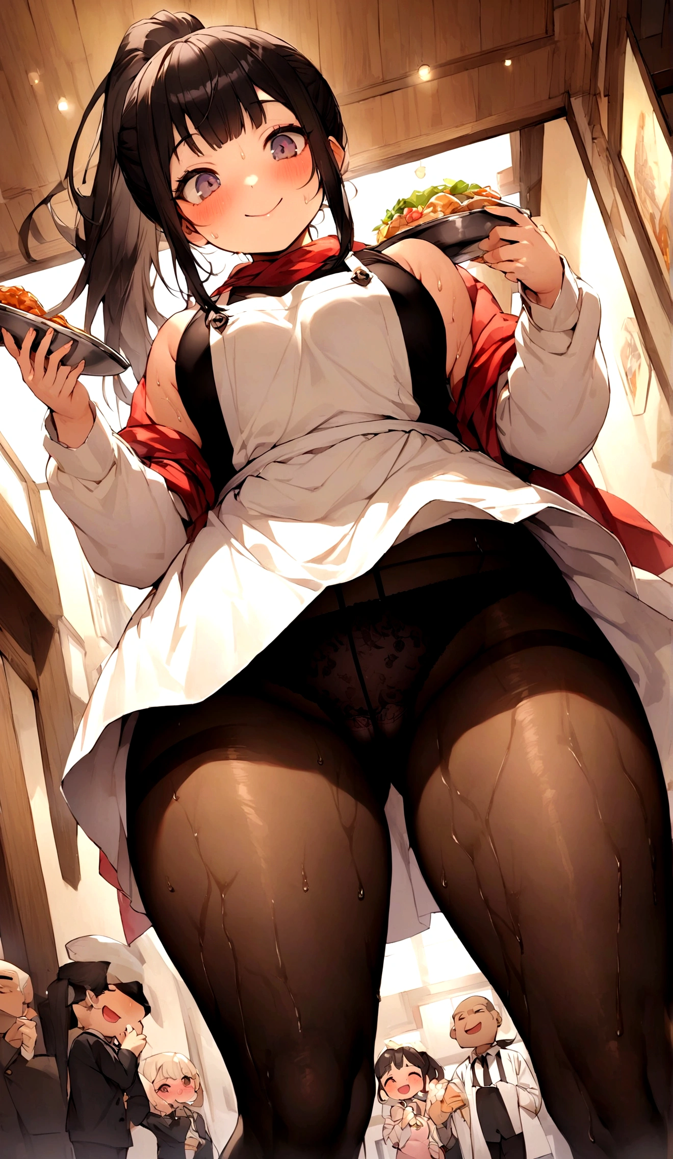 One Woman、One Man、The man is looking up her skirt、Beauty、Chinese restaurant、A large number of guests、Lewd store clerk、restaurant clerk、Age 25、Looking down at the viewer, ponytail, Highest quality, Focus on the thighs, smile, Black Pantyhose, panties under pantyhose、Plump thighs、Big Ass、Big 、 Black Hair,My thighs are steaming between the legs 、Sweaty pantyhose、Angle from directly below、Waiting for a bouquet、apron、Triangle scarf、Have a dish