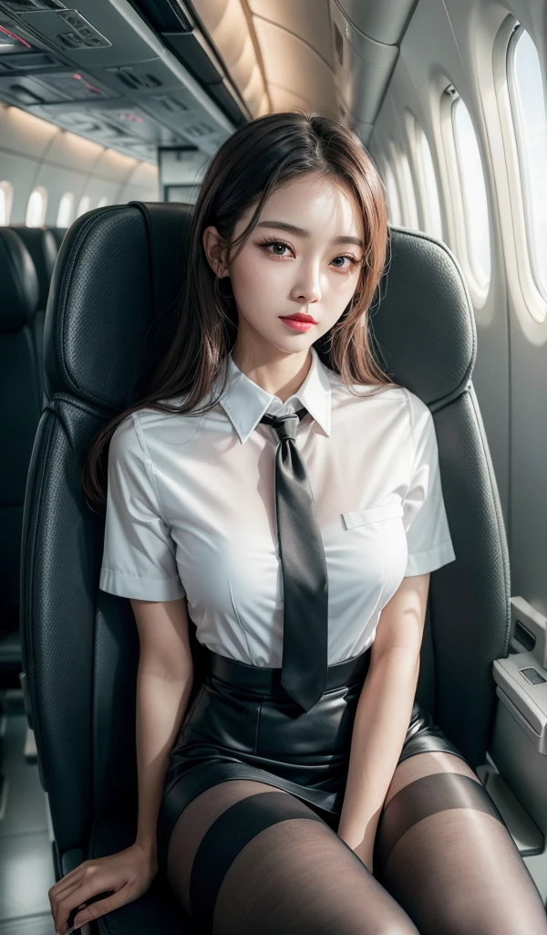 8K, masterpiece, raw photo, best quality, realistic, 매우 상세한 CG가 8K를 통합합니다., 8K, Diamond, and wallpaper, depth of field, cinematic light, lens flare, ray tracing, (very beautiful face, beautiful lips, beautiful eyes), A face with intricate details, ((highly detailed skin)) 1 girl, in the dark, deep shadow, pretty korean girl, kpop idol, Photo of a sexy woman sitting in an airplane seat,wearing white flight attendant uniform,Skirt that hugs the buttocks,(아주 날씬하고 slim 근육질의 몸매:1.3), (flesh colored pantyhose:1.3),Light and tight flight attendant uniform,medium chest,wide hips,dried up,red lip,black eyes,(scary:0.9),cross legs,(Textured fabrics:0.9),looking at viewer, (pale skin), (big eyes),(smile:0.8),seduce the camera,(metal fabric:0.5),very complicated,(In reality,original language:1.5), Side slit, (hazy:0.9), facial details, poor quality photos, high contrast, inside the airplane, slim, bow-shaped, (rebellion:0.4)