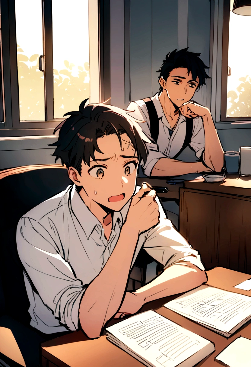 Imagine a bright office with desks lined up against the walls and a large window where sunlight comes in.. Spotlight, a young man of about 25 years old is leaning over his desk, with his shirt rolled up and beads of sweat on his forehead. His expression is one of concentration and effort as he types quickly on his computer and reviews papers scattered around him..
behind him, in the rest area, Four coworkers are sitting in comfortable armchairs and chairs. Two of them are laughing openly, pointing at the boy who works. One of them has a cup of coffee in his hand, and another is lying with his feet on a coffee table, with a mocking expression. The other two are whispering to each other., clearly enjoying the scene.
The atmosphere in the rest area is relaxed and carefree, in contrast to the seriousness and effort of the working boy. This difference in attitudes is accentuated by the luminous background that illuminates the resting companions., while the boy's work area seems more gloomy and concentrated.
