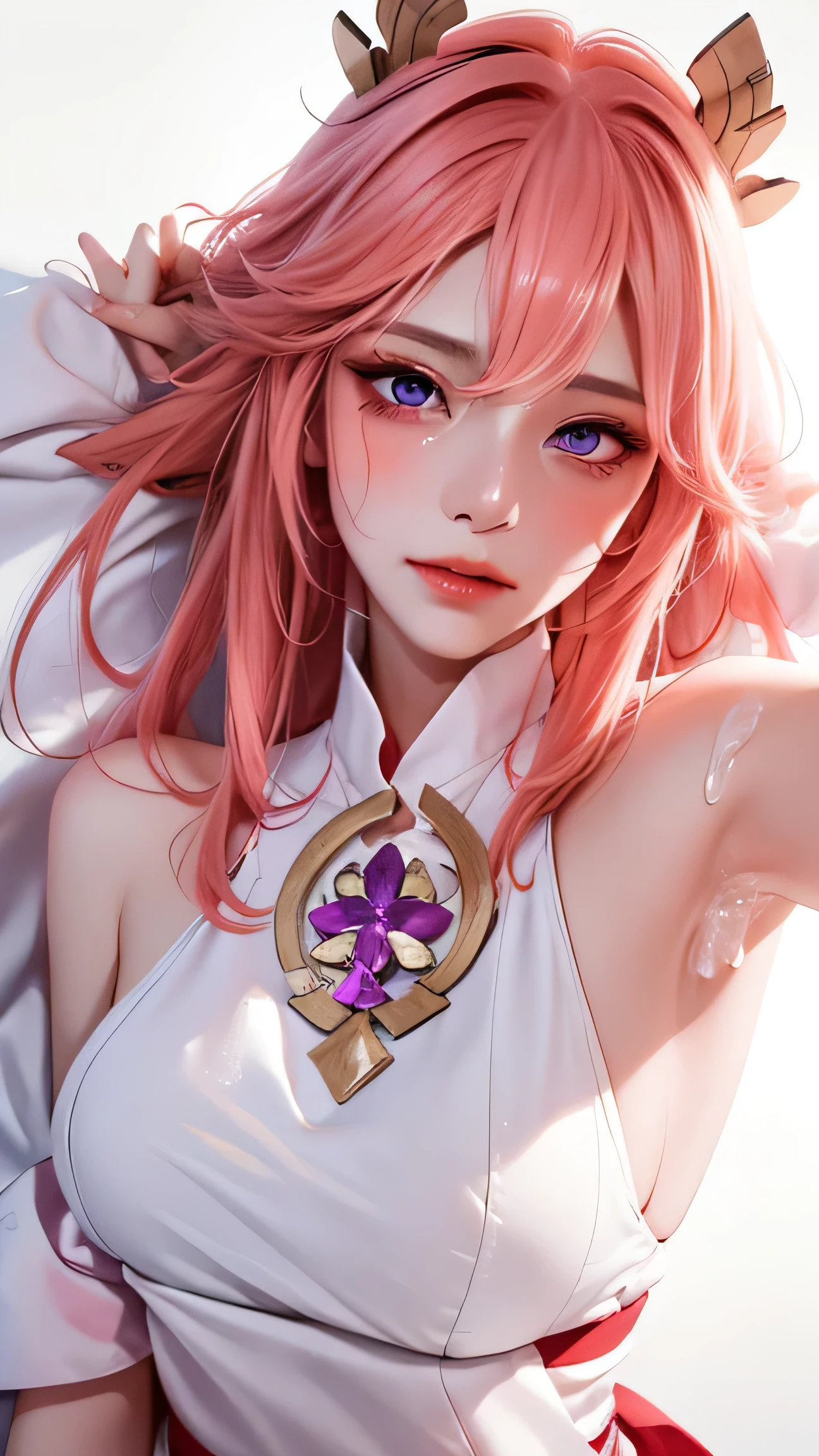 (((masterpiece))), (((portrait))), Lying in bed,pink hair,long hair,headgear,purple eyes, diffuse light, Dynamic shadows, sharp focus, current, detailed, high resolution, Ridiculous, white background, Not wearing, photocurrent, lifelike, Wet all over, mascara, blush, sleeveless, youthful appearance, urine stains, White, armpit,blush,Confused,sex,Sweat flowing all over the body,White sticky liquid on forehead,White sticky liquid on cheeks,There is white sticky liquid on the hair,above waist, Nude