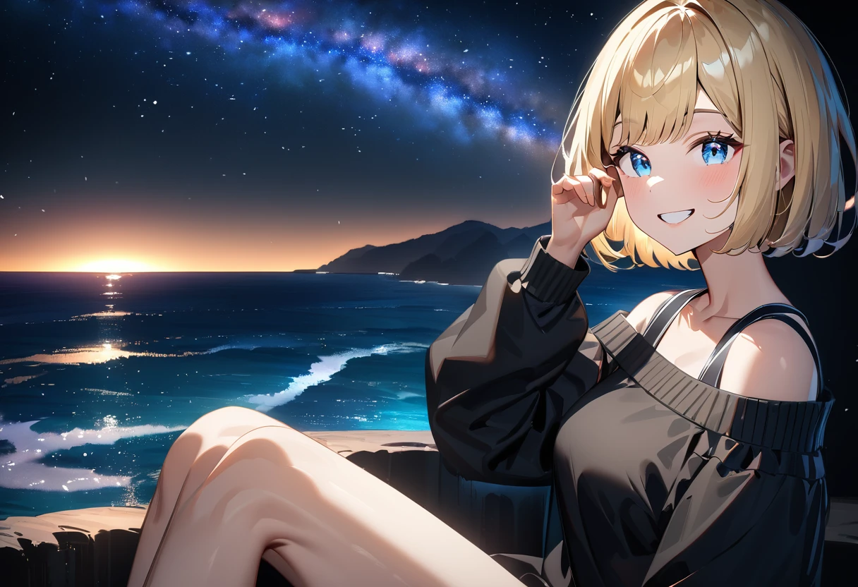 ((grin)), ((off-shoulder sweater:1.3, Quite thick shoulder straps)), ((black sweater)), ((blond hair, bob cut:1.3)), ((sunglasses, hand to sunglasses)), (((from side))), ((((upper body)))), bare legs, ((Leaning to side)), (((a beautiful starry sky, the Milky Way shining beautifully in the night))), ((sitting on the very high cliff)), wavy hair, inward curled hair, ((sea, nature)), breasts, teenager, (looking at viewer), oversized clothes, puffy long sleeves, collarbone, head tilt:1.3, (((blue eyes))), happy smile, (((anime style))), (best quality, 4K, 8K, highres, masterpiece:1.2, ultra-detailed, ultra-detailed eyes, HDR, uhd, studio lighting, ultra-fine painting, sharp focus, physically-based rendering, extreme detail description, professional, vivid colors, bokeh)