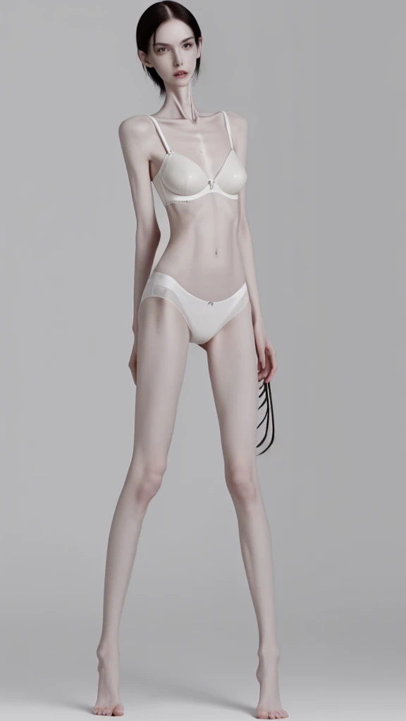 a woman, very thin body, body visible bones, very slender , sweaty weat body, pale white skin, panties, bra,tatto, full body, lean