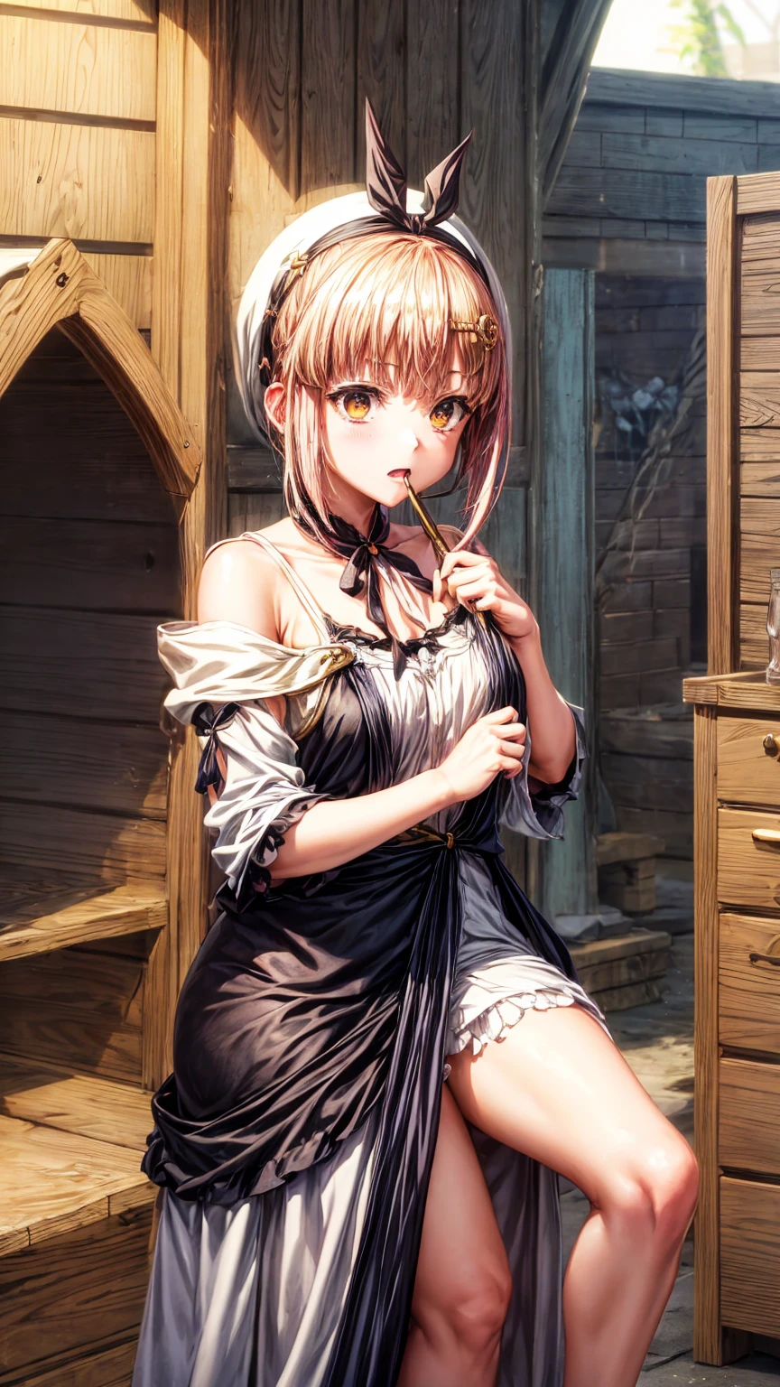 woman masturbating、slouch、Super detailed、Particles of light:0.5、Beautiful Eyeouth half open、Natural Texture、Reisalin "Ryza" Stout (Lizalynn Stout) - Atelier Ryza: Ever Darkness & the Secret Hideout The Animation (Ryza no Atelier: Tokoyami no Joou to Himitsu no Kakurega) (Atelier Ryza ~The Queen of Darkness and her Secret Hideout~) - COMMISSION、、Off the shoulder、sexual temptation、White clothes