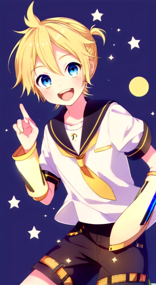 one boy, (Kagamine Len), Vocaloid, light blue eyes, black short pants, blond hair, cowboy shot, cool, smile gently, cute, open mouth, sailor collar