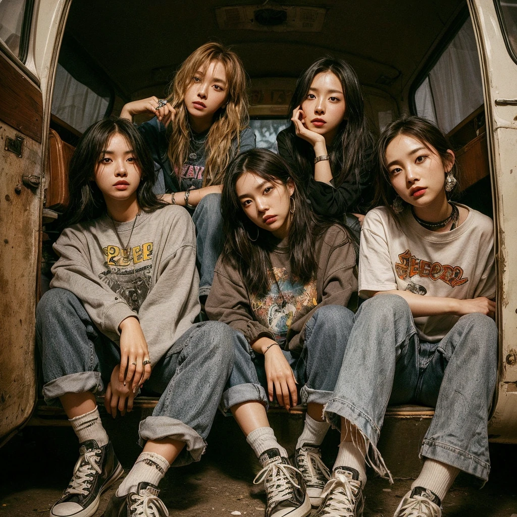a visually striking five korean female member band photo in a gritty, urban setting. The band should be seated in a rugged van or similar backdrop, evoking a raw. Emphasize a cool, laid-back attitude with casual clothing, such as graphic tees, jeans, and sneakers. Ensure the band's name, “ECHO” is prominently displayed above them in bold, distressed typography. Capture a mood that reflects the essence of early 2000s pop, combining elements of angst, camaraderie