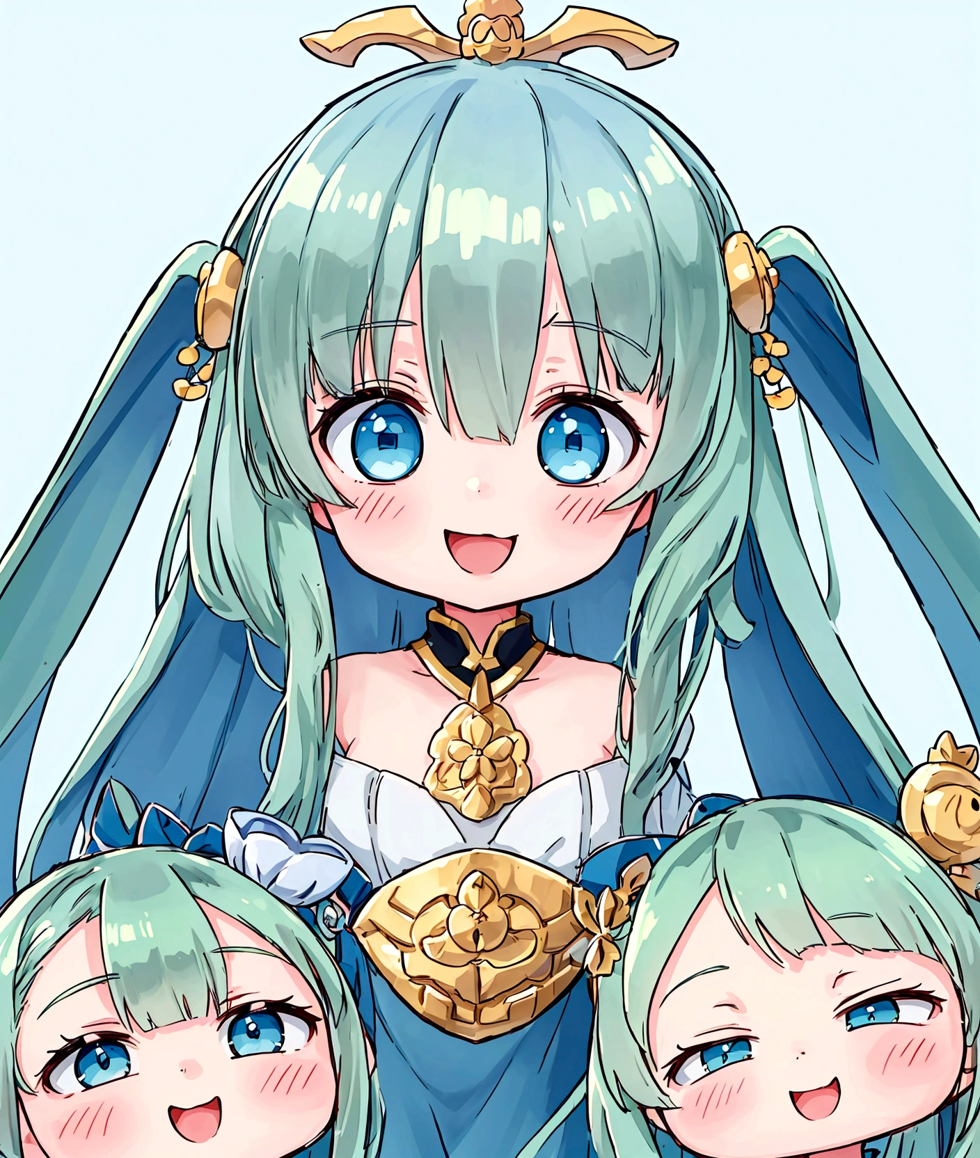 ,, ((Anime Girls)), Green skinned、Light blue long hair、、Short limbs、Big Head、Flat chest、Very detailed, ((masterpiece, Highest quality;1.3)) , An innocent smile、laughing、whole body