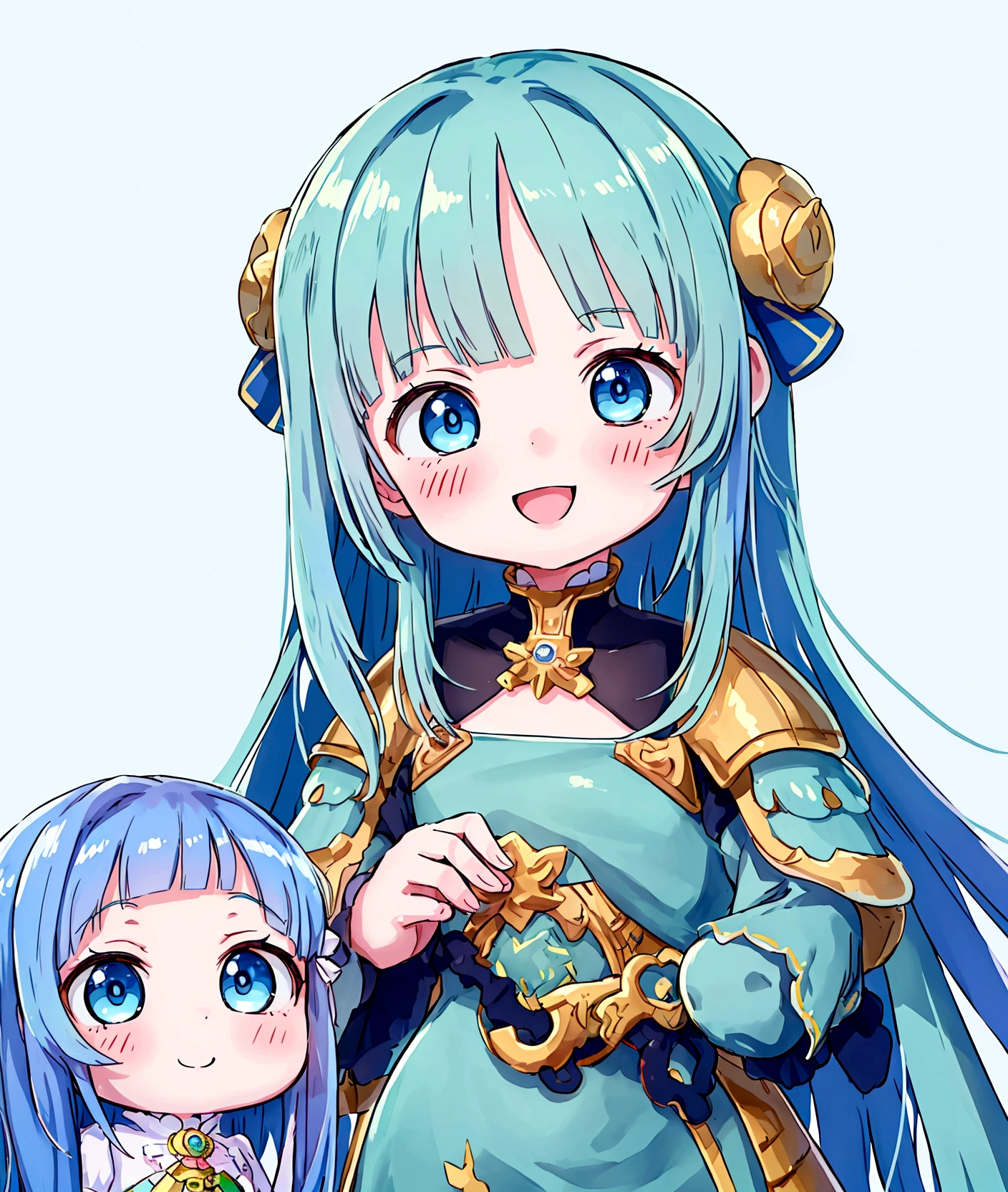 ,Baby Face, ((Anime Girls)),　Green skinned、Light blue long hair、、Short limbs、Big Head、Flat chest、Very detailed, ((masterpiece, Highest quality;1.3)) , An innocent smile、laughing、whole body