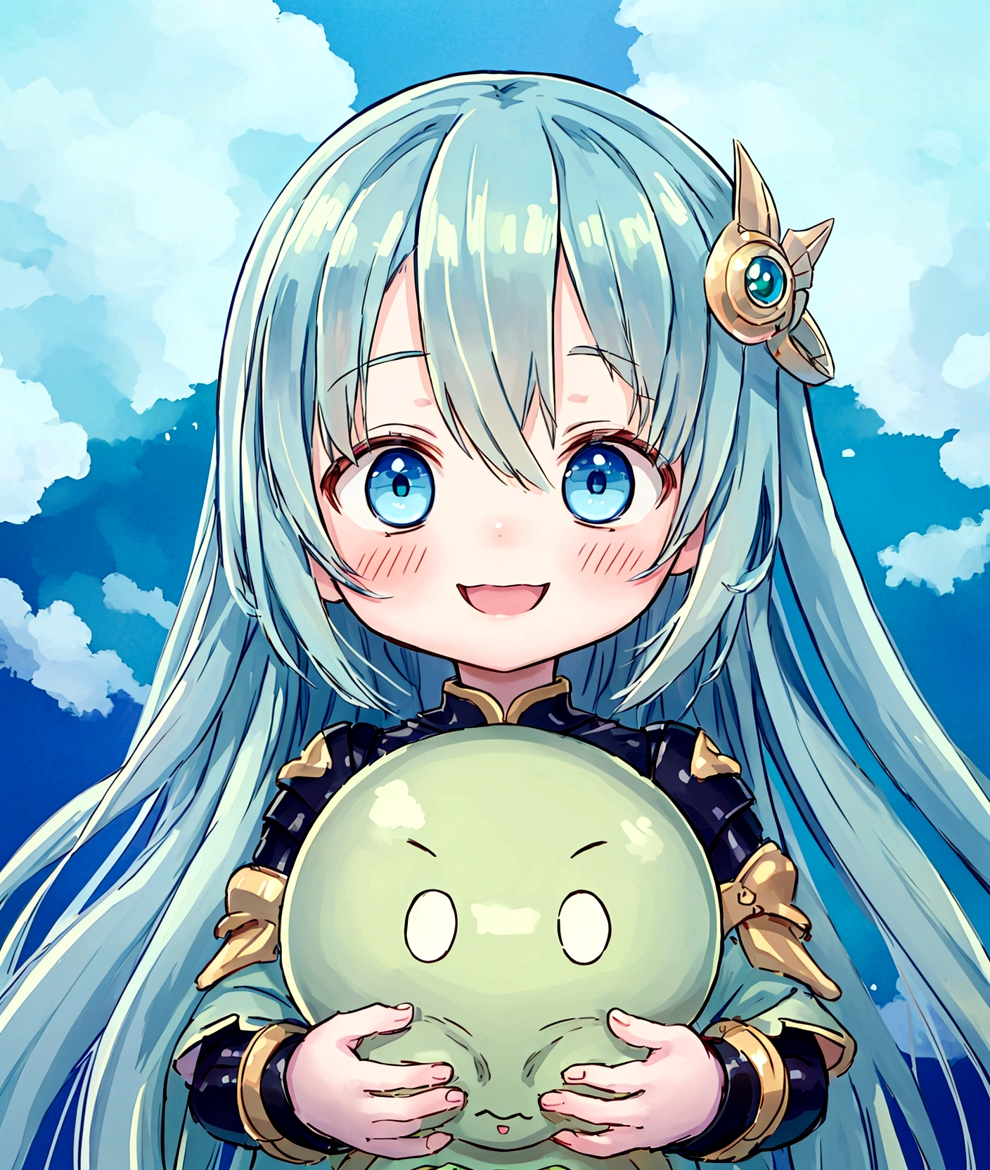 ,Baby Face, ((Anime Girls)), Green skinned、Light blue long hair、、Short limbs、Big Head、Flat chest、Very detailed, ((masterpiece, Highest quality;1.3)) , An innocent smile、laughing、whole body