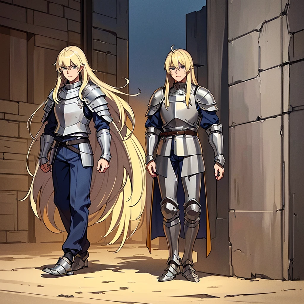 (Full body character concept)、((((Solo))))、Highest quality, Best Quality, Best illustrations, (((Grey Armor)))、(((Blond long hair man、Long-haired man、male、24-years-old、Cool guy)))、(Medieval Knight)、(Navy blue trousers)、(get annoyed)、(Living in the desert)、