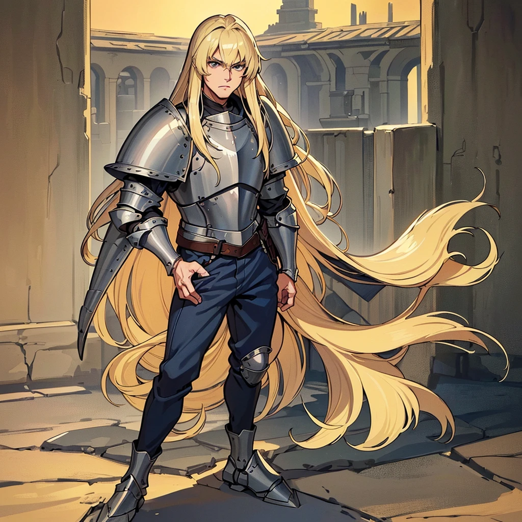 (Full body character concept)、((((Solo))))、Highest quality, Best Quality, Best illustrations, (((Grey Armor)))、(((Blond long hair man、Long-haired man、male、24-years-old、Cool guy)))、(Medieval Knight)、(Navy blue trousers)、(get annoyed)、(Living in the desert)、