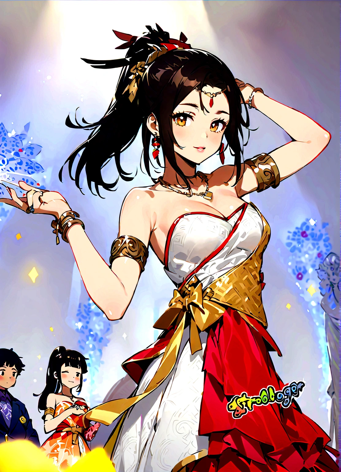 (astrologer), One girl、solo、Black Hair、dress、jewelry、Earrings、necklace、bracelet、Cosplay、fan、Bracelet, Long Hair、Shoulder out、ponytail、Cosplay、ring、Strapless、Armlet