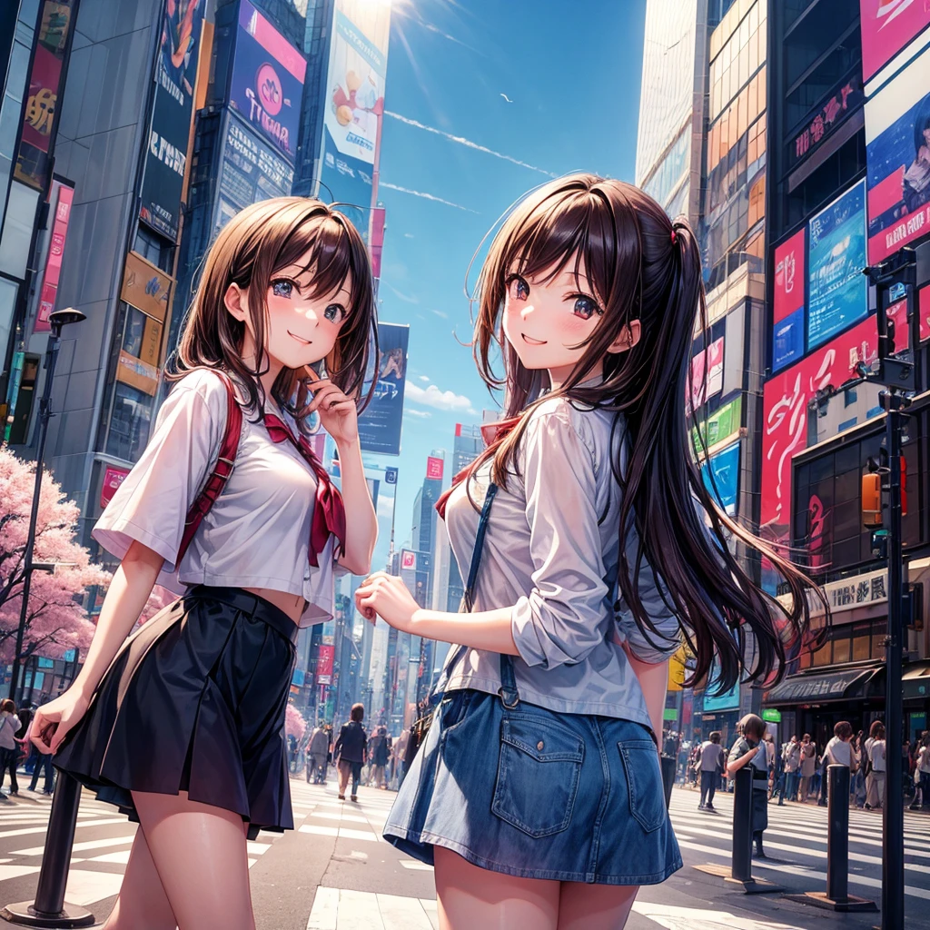 Masterpiece, best quality, 1 girl, Shibuya Scramble Crossing, Shibuya Hikarie, blue sky, cherry blossoms, one piece, smile, anime