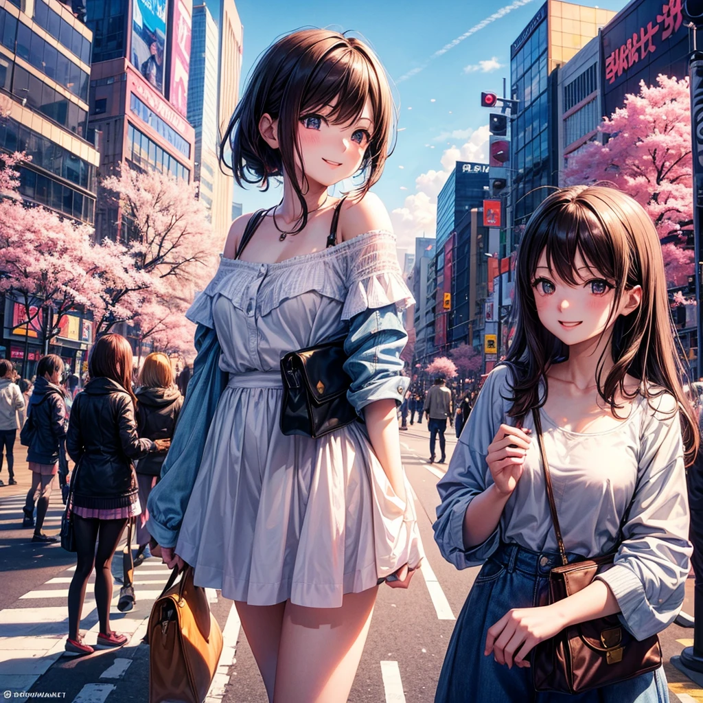 Masterpiece, best quality, 1 girl, Shibuya Scramble Crossing, Shibuya Hikarie, blue sky, cherry blossoms, one piece, smile, anime