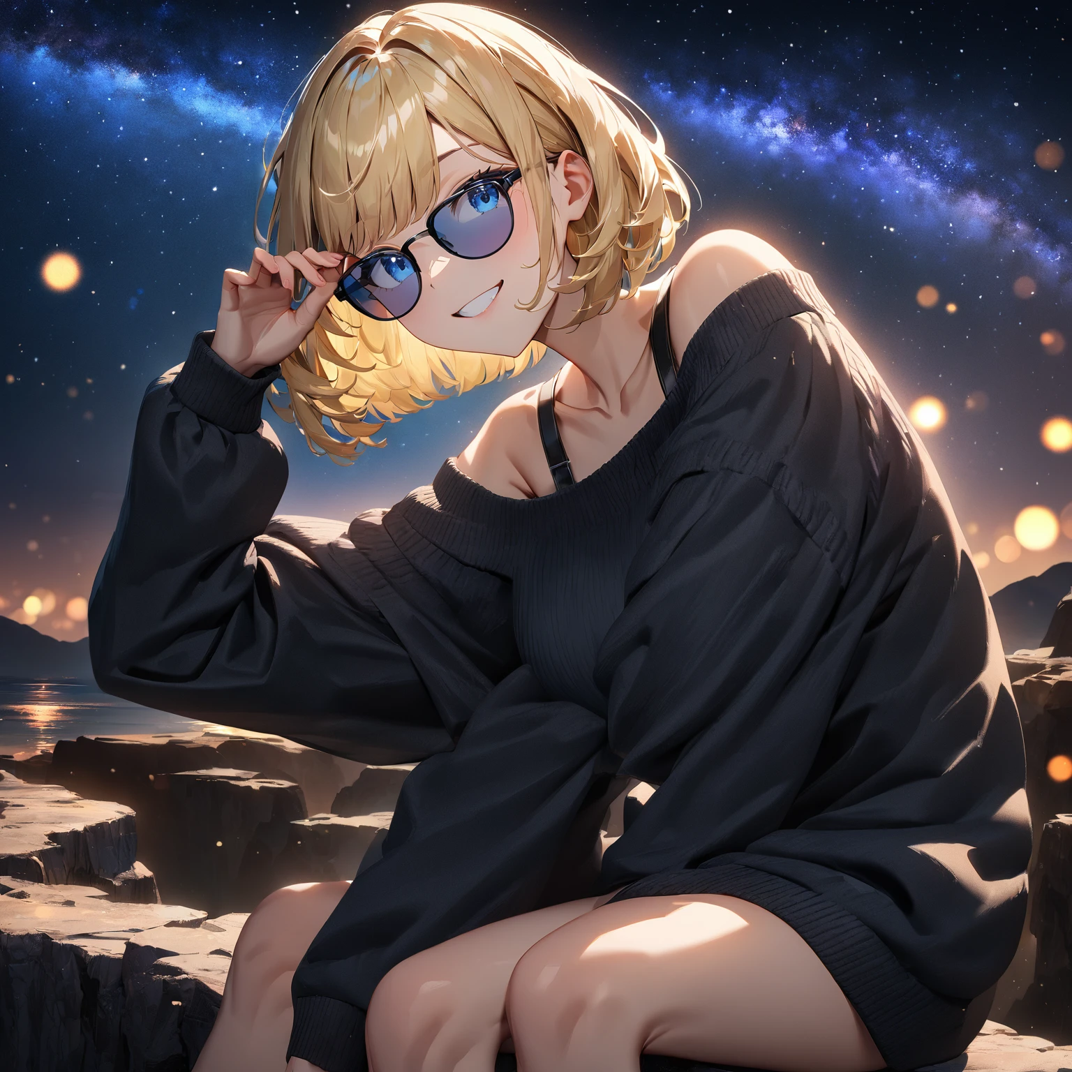 ((grin)), ((off-shoulder sweater:1.3, Quite thick shoulder straps)), ((black sweater)), ((blond hair, bob cut:1.3)), ((sunglasses, hand to sunglasses)), (((from side))), ((((upper body)))), bare legs, ((Leaning to side)), (((a beautiful starry sky, the Milky Way shining beautifully in the night))), ((sitting on the very high cliff)), wavy hair, inward curled hair, ((sea, nature)), breasts, teenager, (looking at viewer), oversized clothes, puffy long sleeves, collarbone, head tilt:1.3, (((blue eyes))), happy smile, (((anime style))), (best quality, 4K, 8K, highres, masterpiece:1.2, ultra-detailed, ultra-detailed eyes, HDR, uhd, studio lighting, ultra-fine painting, sharp focus, physically-based rendering, extreme detail description, professional, vivid colors, bokeh)