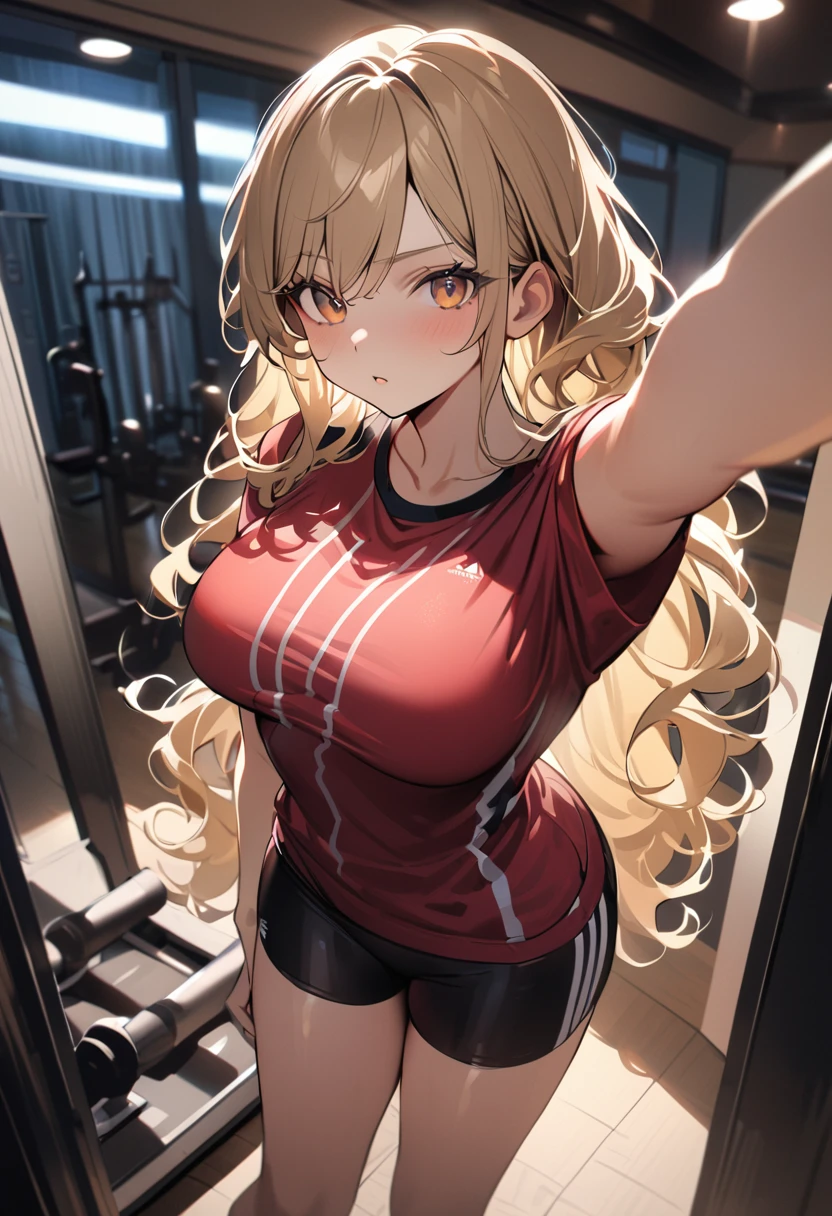 1 lady, 20 years old, blonde hair, long hair, wavy hair, light brown eyes, large breasts, 
BREAK (masterpiece), (high resolution 8K), cinematic lighting, professional lighting, detailed eyes and face, detailed body, 
BREAK In the hotel’s state-of-the-art fitness center, (a woman wearing sleek workout gear captures a mirror selfie:1.2). 
BREAK Her expression is focused and determined, showcasing her dedication to maintaining her fitness routine even while traveling. 
BREAK The modern, well-equipped background with treadmills and weights emphasizes her active lifestyle and the luxurious amenities offered by the hotel