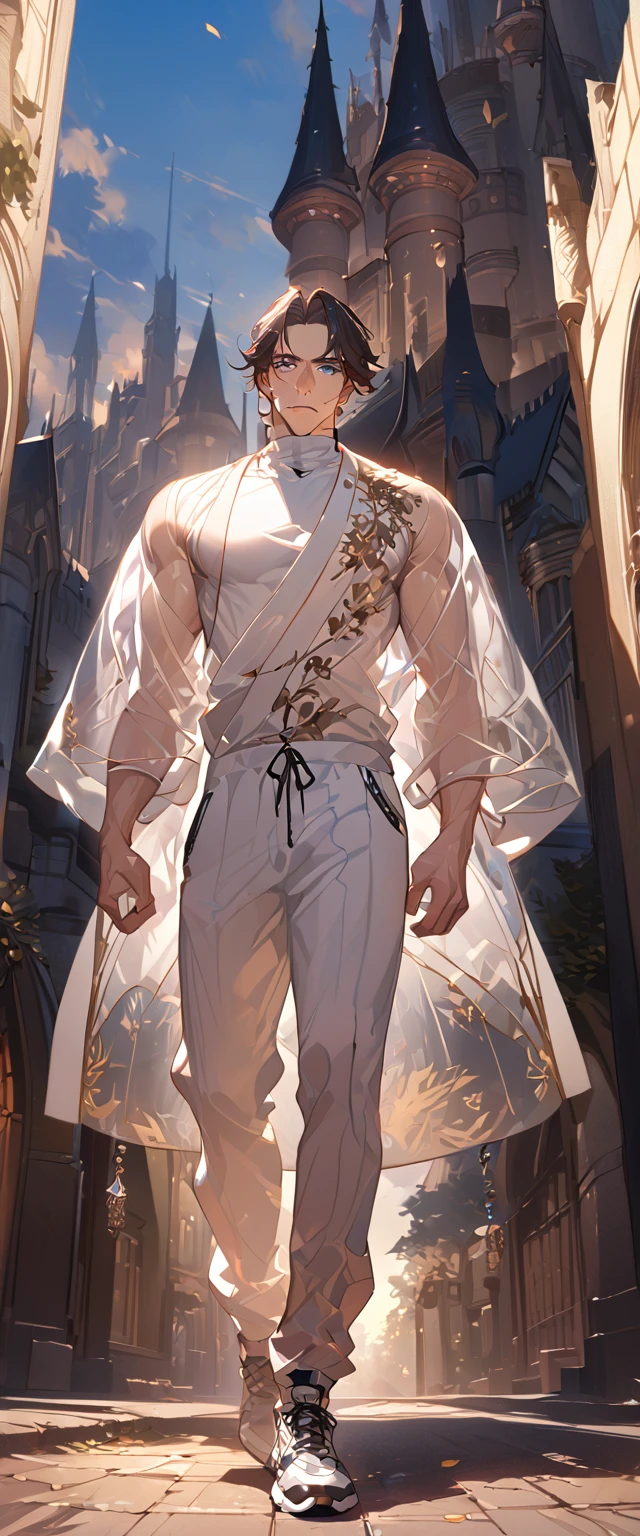 Realistic, High detailed, High quality, Cha Eun Woo, Photo of a handsome and cute boy (Korean guy who looks like a K-pop idol), 20 yo, Celestial city background, Full length portrait, A white flowing see-through clothes, A white fabric, A white flowing see-through bottom, Shirt with latex collar, Shiny latex, Holy aura, Six-Pack, Standing, Looking at the camera, Big chest muscles, Narrow waist, Big hips, Big tight thighs, A short black hair with bangs, Male slim muscular man, Big bulge, Voluptuous crotch, Big fat ass, Big bubble butt, Light power, Fantasy, Action, Mystery and magic, White skin, Fight the enemy, Perfect face, Perfect body, Sparkling eyes, Flying on the sky