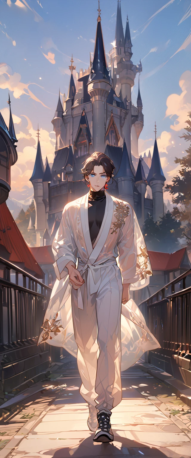 masterpiece, best quality, 8k ,4k ,solo, male, short dark blue reddish hair, black sleeveless turtle neck shirt, transparent robe hanging by the shoulder, transparent embroidery robes, white jogger pants, Walking, Manly pose, muscle arms, plain black armband, bangs, blue reddish eyes, pale skin, sharp look, Sharp eyes, Morning walk, Castle Hall Background, high quality, extremely detailed, finely detailed eyes and detailed face, slender body, inspired by Asukaziye artist : ask, art style : ask