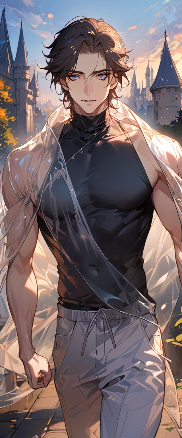 masterpiece, best quality, 8k ,4k ,solo, male, short dark blue reddish hair, black sleeveless turtle neck shirt, transparent robe hanging by the shoulder, transparent embroidery robes, white jogger pants, Walking, Manly pose, muscle arms, plain black armband, bangs, blue reddish eyes, pale skin, sharp look, Sharp eyes, Morning walk, Castle Hall Background, high quality, extremely detailed, finely detailed eyes and detailed face, slender body, inspired by Asukaziye artist : ask, art style : ask