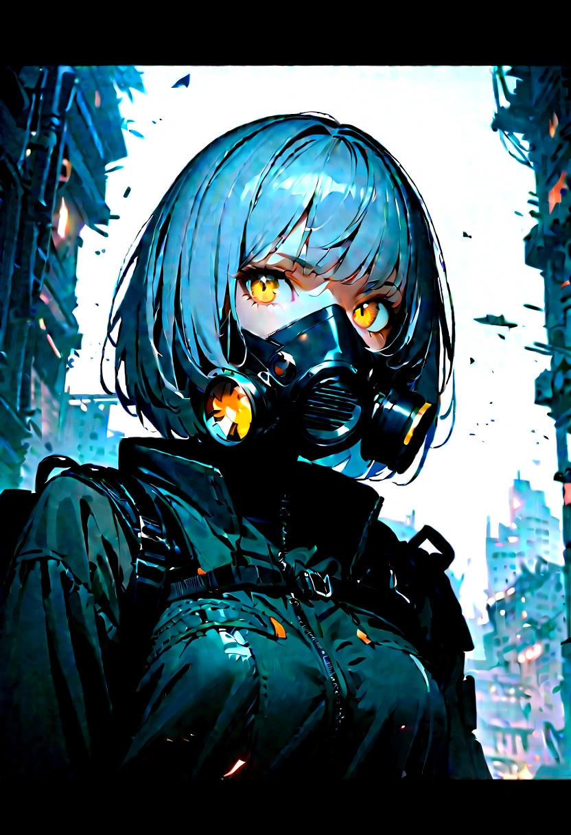 1 Girl, Yellow eyes, (Mechanical:1.2), White hair, (Black gas mask), gear, Bob Cut, Revelation, Damaged buildings,(masterpiece:1.2,high quality),