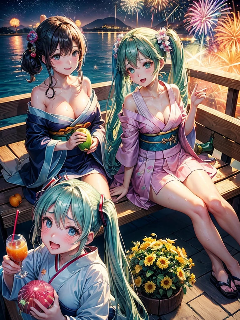 (highest quality)), ((masterpiece)), (family friendly), Perfect Face,Shiny skin,Beautiful breasts,Shiny skin、Kyoto Animation style painting、Hair、Sunburned skin、night、Hatsune Miku、(((2 girls)))、(((firework)))、(((night)))、Sit on a bench、(Sweat)、
、kimono、(((juice)))、smile、look up、Open your mouth、
