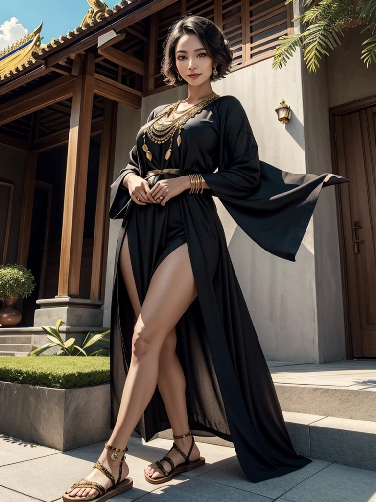Stunning Beauty Voluptuous Javanese Wife, kind smile, Photorealistic portrait, very huge chest, wearing long soft silk batik abaya and wooden sandals, simple accessories of gold and jewelry, black short hair, brown skin, luxurious Javanese mansion in background, beautiful eyes, beautiful lips, beautiful chest, beautiful neck, beautiful thighs, beautiful legs. HD Image, Wide Angle, Full Body, Top to Toe, Very Detailed Face, Very Detailed ???????, Very Detailed Accessories, Very Detailed Background, Highest Quality, A Masterpiece.