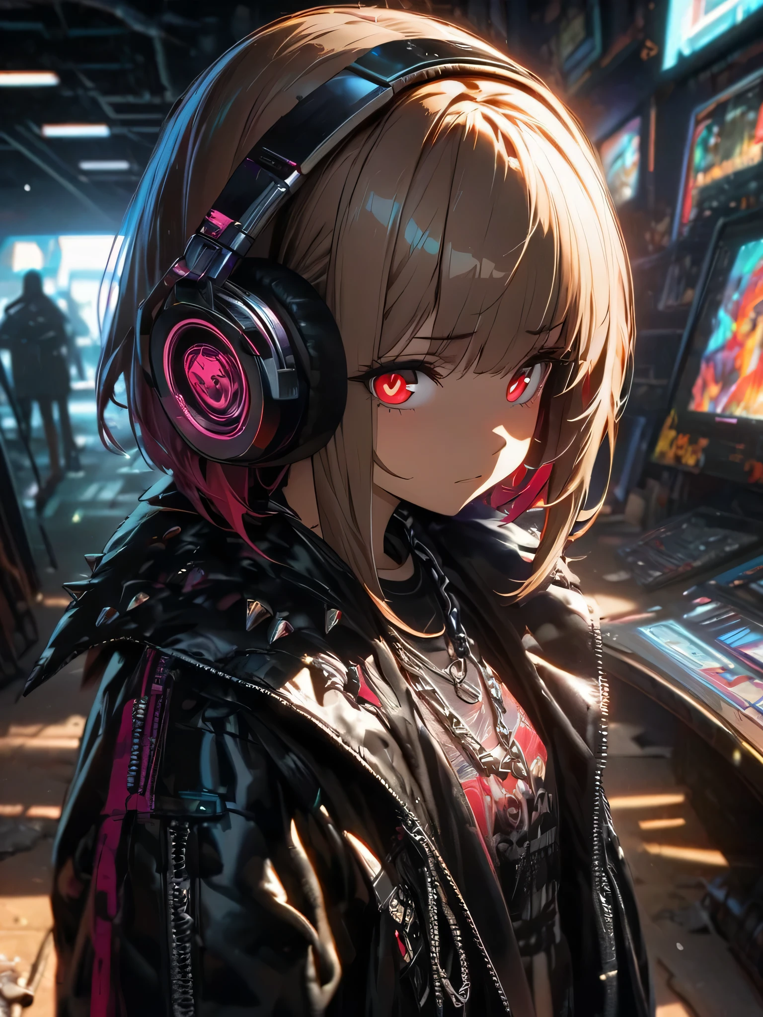 1 Girl, chromatic aberration, Written boundary depth, Soft Light, masterpiece, Highest quality, complicated, Tone Mapping, Very detailed, Art Station, Concept Art, Smooth, Clear focus, Dramatic lighting, Very detailed artwork, movie, super practical painting, Art Station's trending, 8K, Incredible Shadows, practical, (Very detailed background:1.0), whole body, View, Viewers, Very detailed portrait of one girl 1, standing on street corner, Heavy rain and lightning、Dark Sky, neon and cyber punk background, she is dressed in punk clothing with silver chains and silver spikes, Her hair was dyed light brown......,The middle part is black, She wears headphones, Detailed red eyes with clear pupils, Ominous aura of light, Sad face, punk, Cyber Rock, Backlight.Fashionable clothes、No knowledge of horses'tail、Dress code: Stylish look,Her hair is tied up cutely with a ribbon.