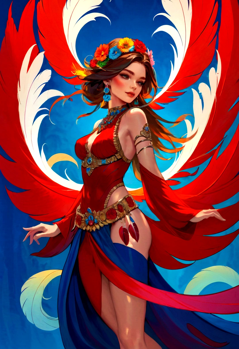 (masterpiece, Top quality, best quality, Official Art, beautiful and aesthetic:1.2), (1 Girl:1.3), Extremely detailed,(Fractal Art:1.1),(rich and colorful:1.1)(Flowers:1.3),The most detailed,(tangled:1.2), (Dynamic poses), (Blue Background:1.3), (Glowing skin), (Many colors:1.4), ,(earrings), (feather:1.5) , Red background,Phoenix Clothes,